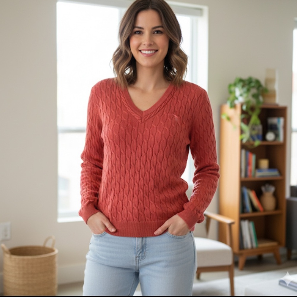 Bobby Jones Women Coral Pink Cable Knit V-Neck Sweater 100% Cotton M Vintage Y2K